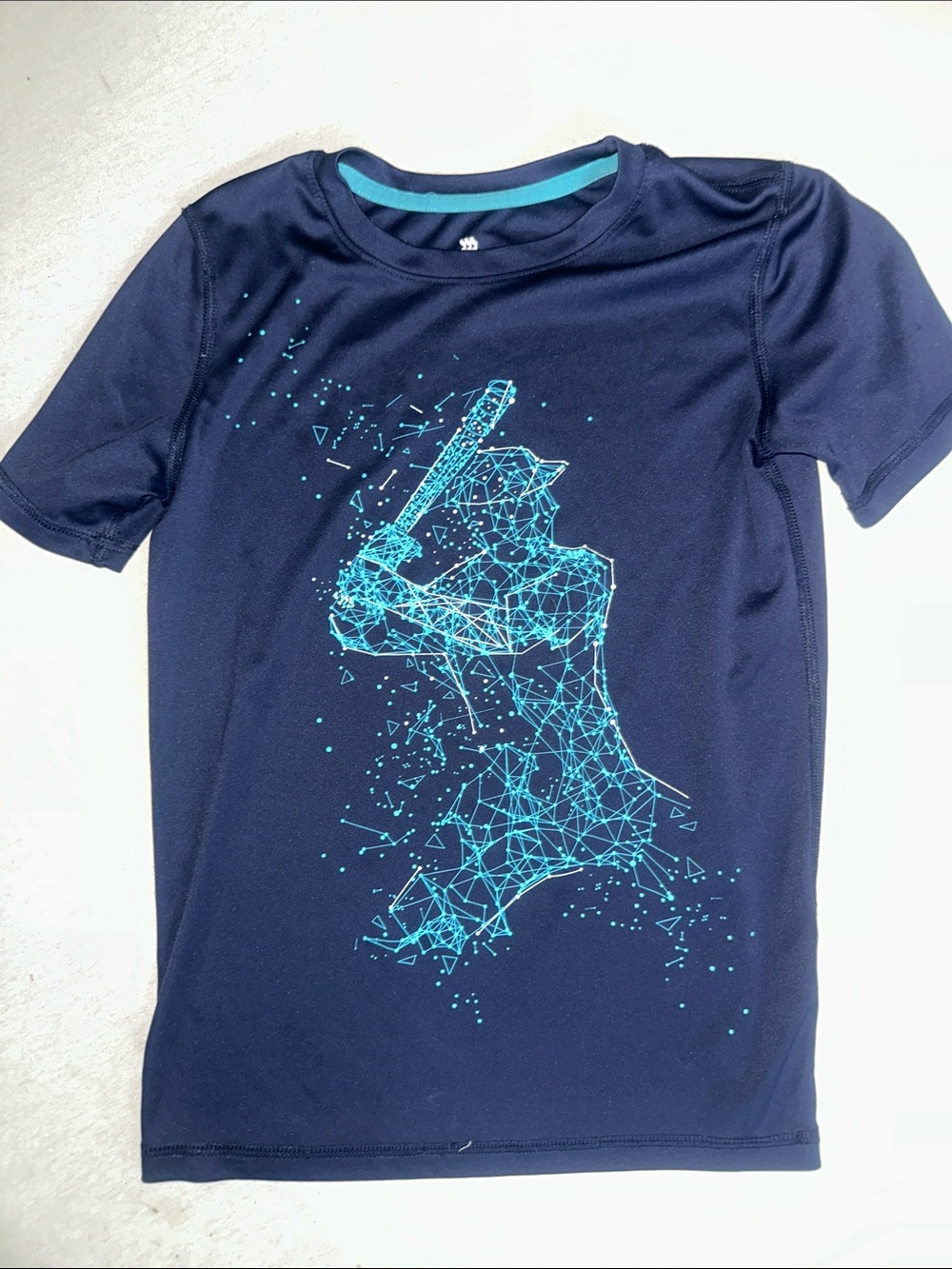 Kids Size 8/10 Navy Athletic Tee with Teal Geometric Batter Graphic Rashguard
